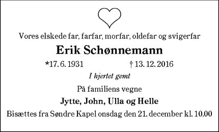 Dødsannoncen for Erik Schønnemann - Kolding