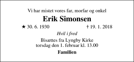 Dødsannoncen for Erik Simonsen - Lyngby