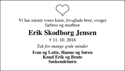 Dødsannoncen for Erik Skodborg Jensen - Vinderup