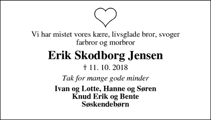 Dødsannoncen for Erik Skodborg Jensen - Vinderup