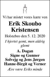 Dødsannoncen for Erik Skoubo Kristensen - Holstebro 