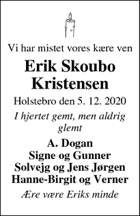 Dødsannoncen for Erik Skoubo Kristensen - Holstebro 