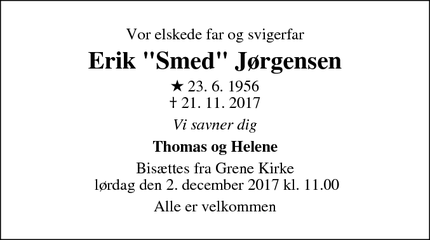 Dødsannoncen for Erik "Smed" Jørgensen - Billund