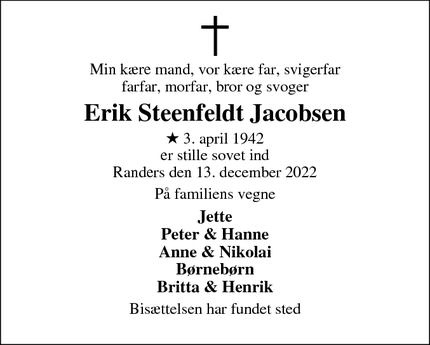 Dødsannoncen for Erik Steenfeldt Jacobsen - Randers