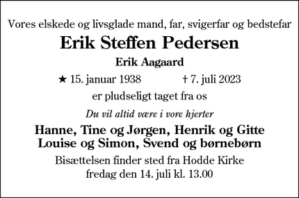 Dødsannoncen for Erik Steffen Pedersen - Varde