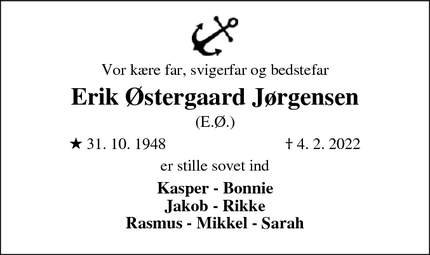 Dødsannoncen for Erik Østergaard Jørgensen - Thyborøn