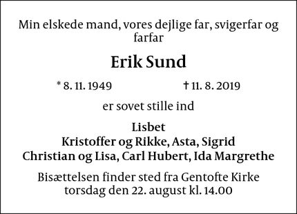 Dødsannoncen for Erik Sund - Gentofte