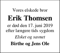 Dødsannoncen for Erik Thomsen - Viborg