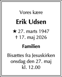 Dødsannoncen for Erik Udsen - Valby