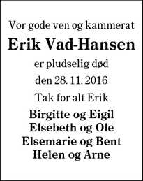 Dødsannoncen for Erik Vad-Hansen - Esbjerg