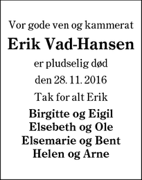 Dødsannoncen for Erik Vad-Hansen - Esbjerg