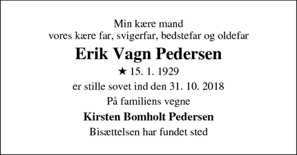Dødsannoncen for Erik Vagn Pedersen - Fredericia