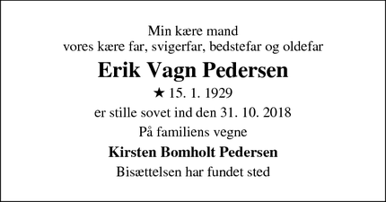 Dødsannoncen for Erik Vagn Pedersen - Fredericia