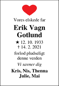 Dødsannoncen for Erik Vagn
Gotlund - Ørum Djurs