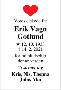 Dødsannoncen for Erik Vagn
Gotlund - Ørum Djurs