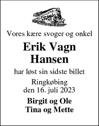 Dødsannoncen for Erik Vagn
Hansen - Hvide Sande