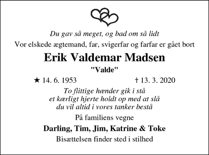 Dødsannoncen for Erik Valdemar Madsen - Havnebyen, Sj. Odde