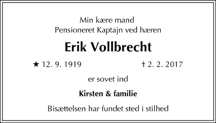 Dødsannoncen for Erik Vollbrecht - 