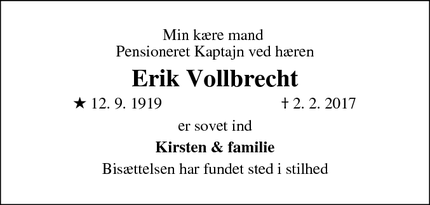 Dødsannoncen for Erik Vollbrecht - 