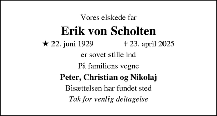 Dødsannoncen for Erik von Scholten - Vanløse