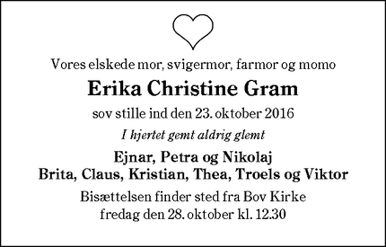 Dødsannoncen for Erika Christine Gram - Padborg 