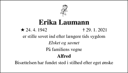 Dødsannoncen for Erika Laumann - Rødekro