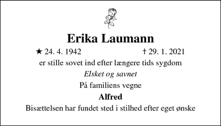 Dødsannoncen for Erika Laumann - Rødekro