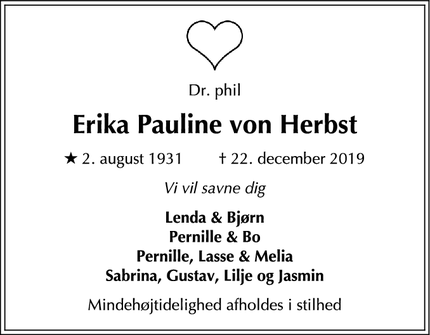 Dødsannoncen for Erika Pauline von Herbst - Gentofte