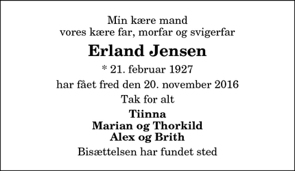 Dødsannoncen for Erland Jensen - Aalborg