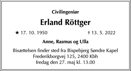 Dødsannoncen for Erland Röttger - København