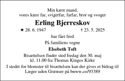 Dødsannoncen for Erling Bjerreskov - Odense