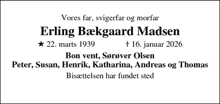 Dødsannoncen for Erling B&aelig;kgaard Madsen - Helsingør