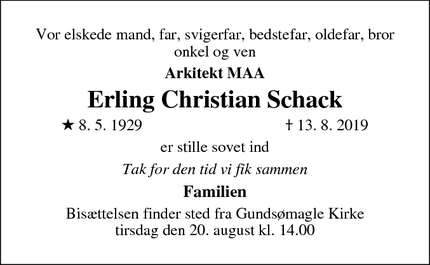 Dødsannoncen for Erling Christian
Schack - Silkeborg