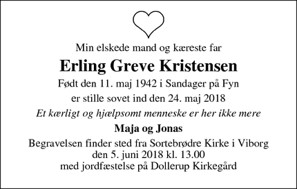 Dødsannoncen for Erling Greve Kristensen - Viborg