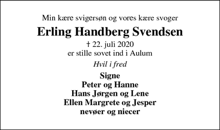 Dødsannoncen for Erling Handberg Svendsen - Aulum