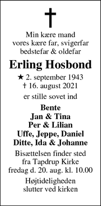 Dødsannoncen for Erling Hosbond - Tapdrup