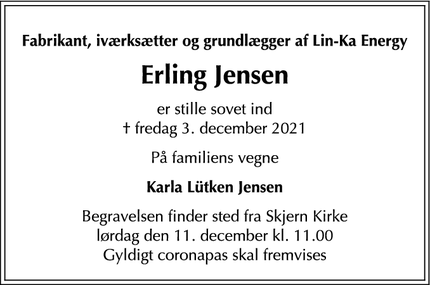 Dødsannoncen for Erling Jensen - 6940 Lem