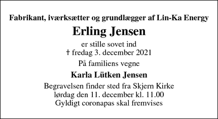 Dødsannoncen for Erling Jensen - 6940 Lem