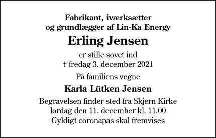 Dødsannoncen for Erling Jensen - 6940 Lem