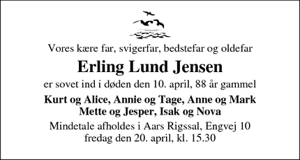 Dødsannoncen for Erling Lund Jensen - Aars