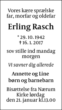 Dødsannoncen for Erling Rasch  - Nærum