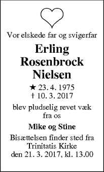 Dødsannoncen for Erling Rosenbrock Nielsen - Fredericia