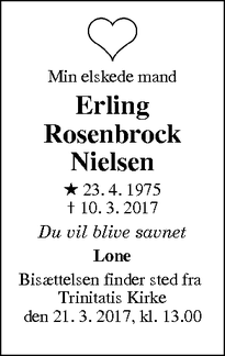 Dødsannoncen for Erling Rosenbrock Nielsen - Fredericia