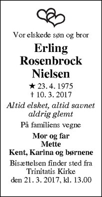Dødsannoncen for Erling Rosenbrock Nielsen - Fredericia
