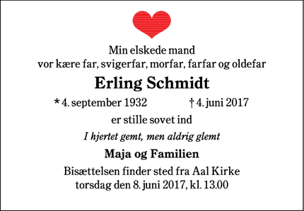 Dødsannoncen for Erling Schmidt - Oksbøl