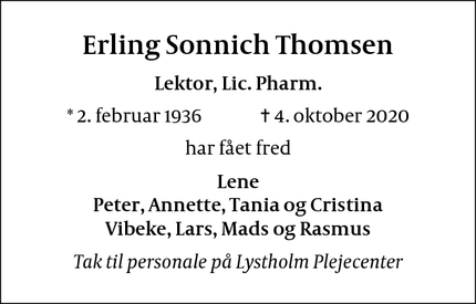 Dødsannoncen for Erling Sonnich Thomsen - Fredensborg