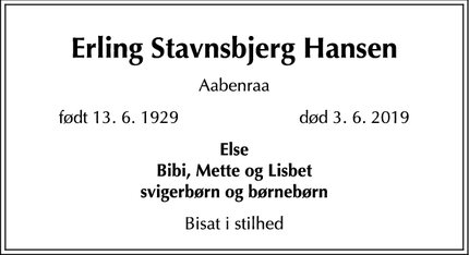 Dødsannoncen for Erling Stavnsbjerg Hansen - Aabenraa