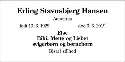 Dødsannoncen for Erling Stavnsbjerg Hansen - Aabenraa