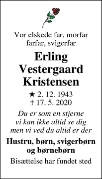 Dødsannoncen for Erling
Vestergaard
Kristensen - Viborg