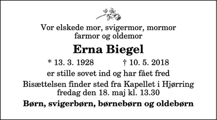 Dødsannoncen for Erna Biegel - Sønderlev